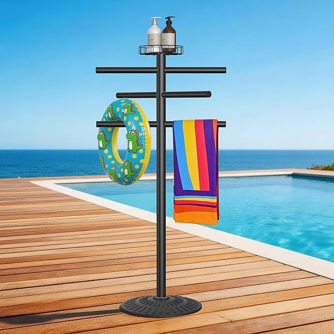 59" Pool Towel Rack Outdoor, Heavy Duty Outdoor Towel Rack, Hot Tub Towel Rack with Tray, 6 Arms ... | Amazon (US)