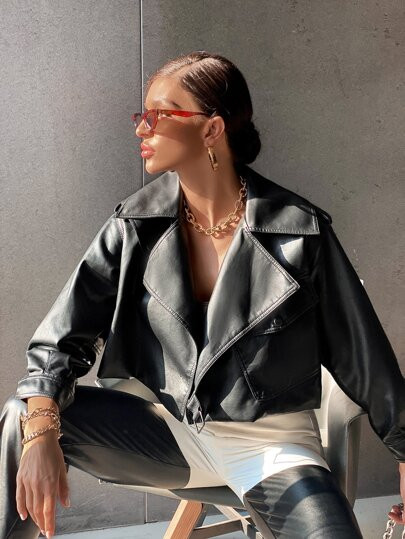 Flap Pocket Buckled PU Leather Jacket | SHEIN