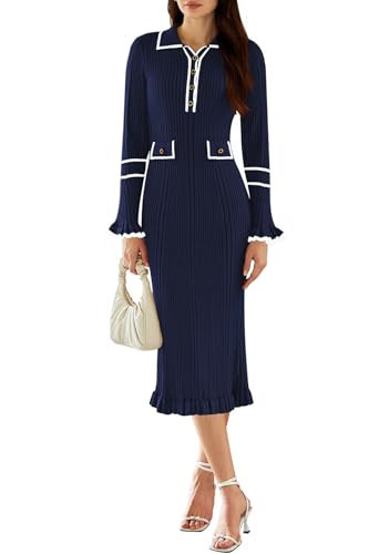 Pink Queen Slim Bodycon Dress Outfits for Women Date Night Collared V Neck Long Sleeve Color Block Skinny Ribbed Long Sweater Dress Navy L | Amazon (US)