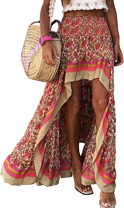 BTFBM Women Boho Floral Print Long Skirt Dress Chic High Low Side Split Ruffle Hem Elastic Waist ... | Amazon (US)