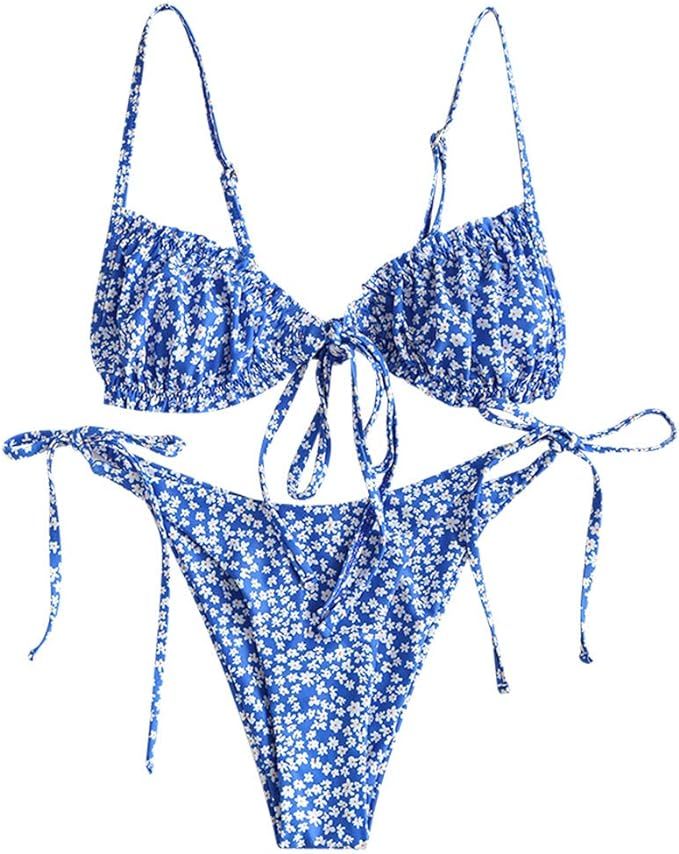 FEAPHY Women's String Bikini Frill Trim Tie Side Triangle Swimwear Two Piece Swimsuit | Amazon (US)