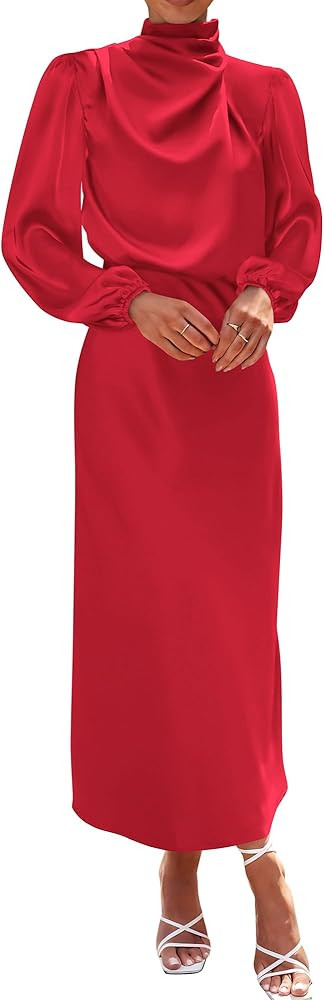 BTFBM Womens Mock Neck Satin Dress Spring Summer 2026 Long Sleeve Lightweight Formal Wedding Part... | Amazon (US)