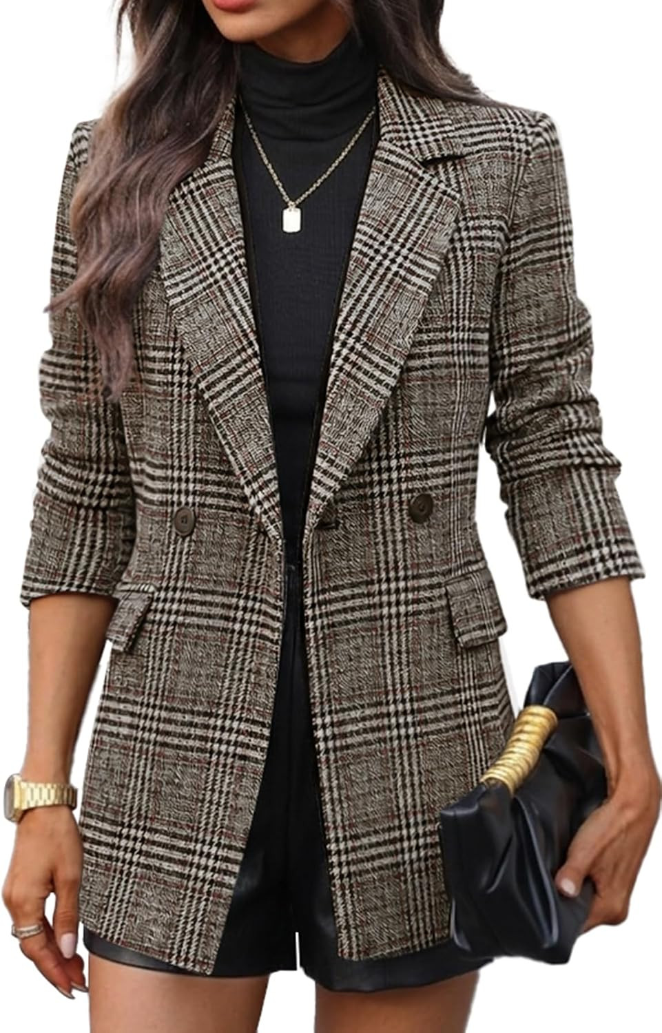 ELLEVEN Houndstooth Plaid Double-Breasted Tweed Blazers for Women | Amazon (US)