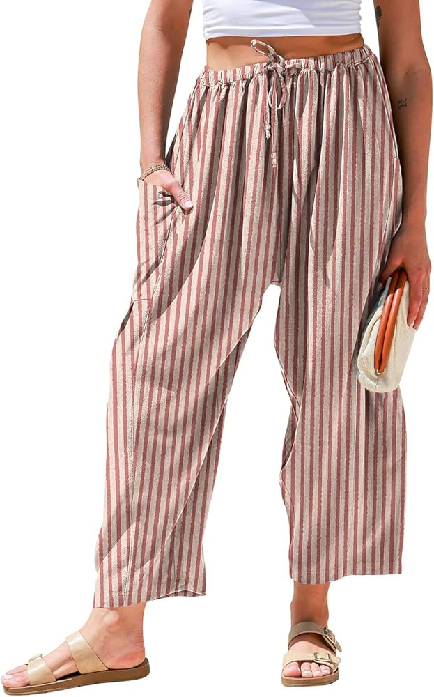 TARSE Womens Linen Wide Leg Pants Casual Loose Drawstring Summer 2026 Beach Travel Vacation Palaz... | Amazon (US)