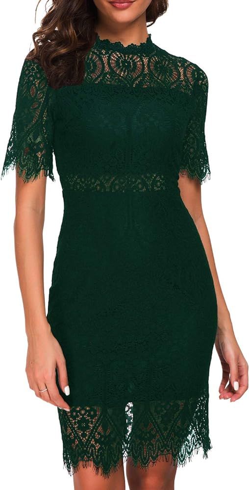 Zalalus Women's Elegant High Neck Short Sleeves Lace Cocktail Party Dress | Amazon (US)