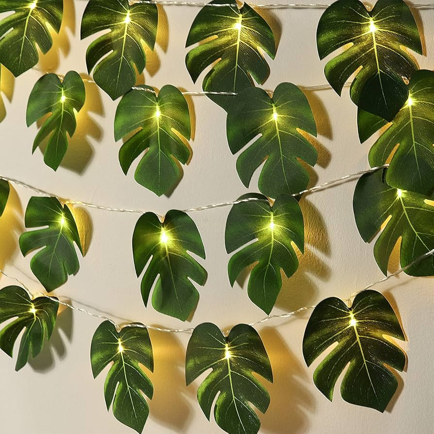 Monstera Leaf String Lights 2 Pack, 20 LED Tropical Artificial Rattan Palm Leaves Wall Hanging Vi... | Amazon (US)