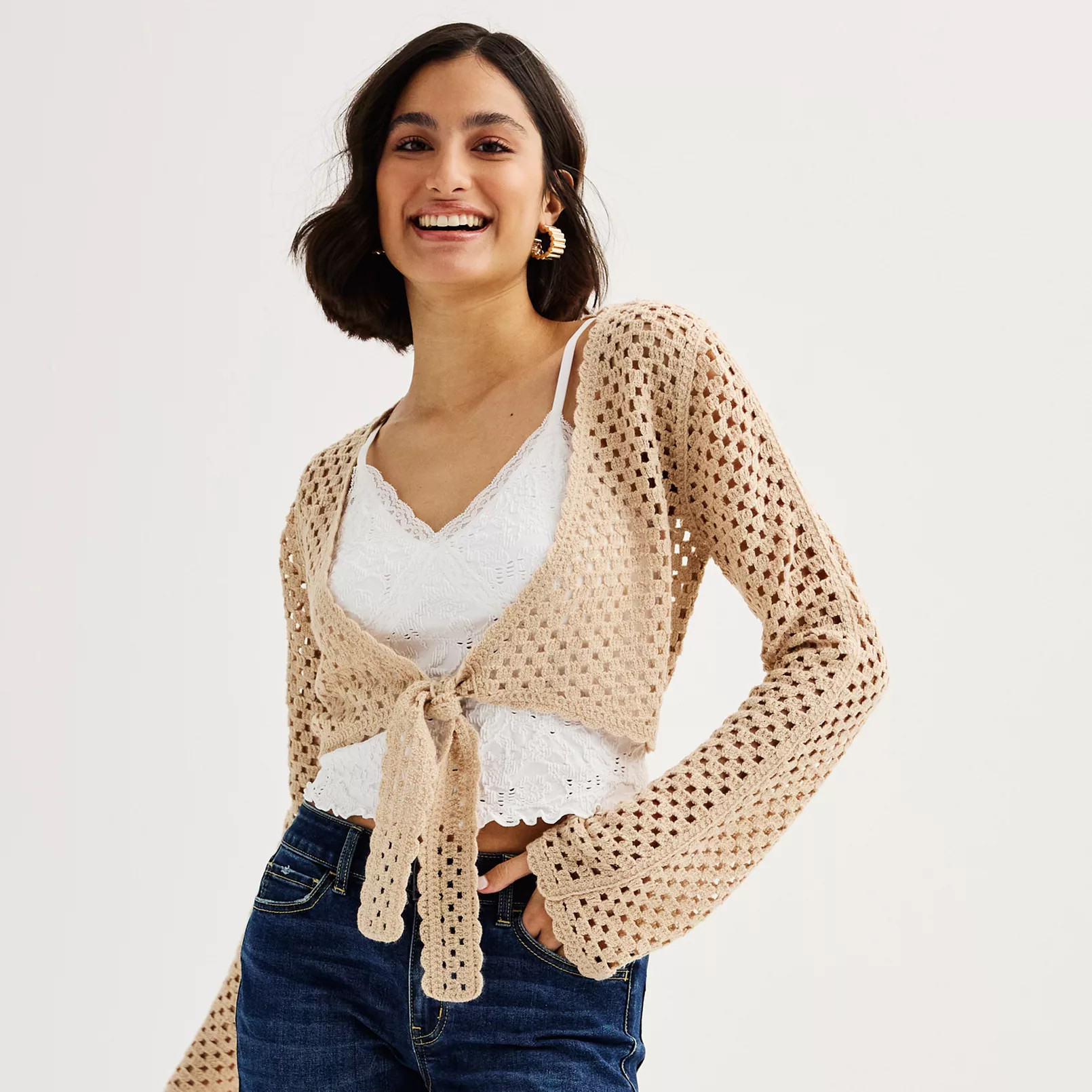 Juniors' SO® Tie Front Crochet Cardigan | Kohl's