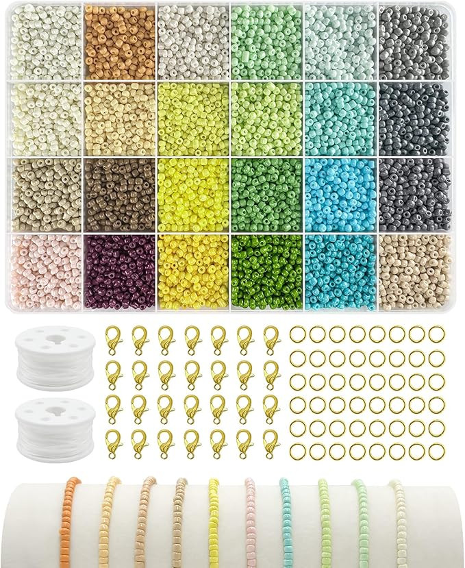 ClaBead 3mm Glass Seed Beads Kit for Bracelets, 10000pcs 24 Colors Seed Beads for Jewelry Making,... | Amazon (US)