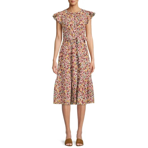 Time and Tru Women's Printed Midi Dress with Flutter Sleeves - Walmart.com | Walmart (US)
