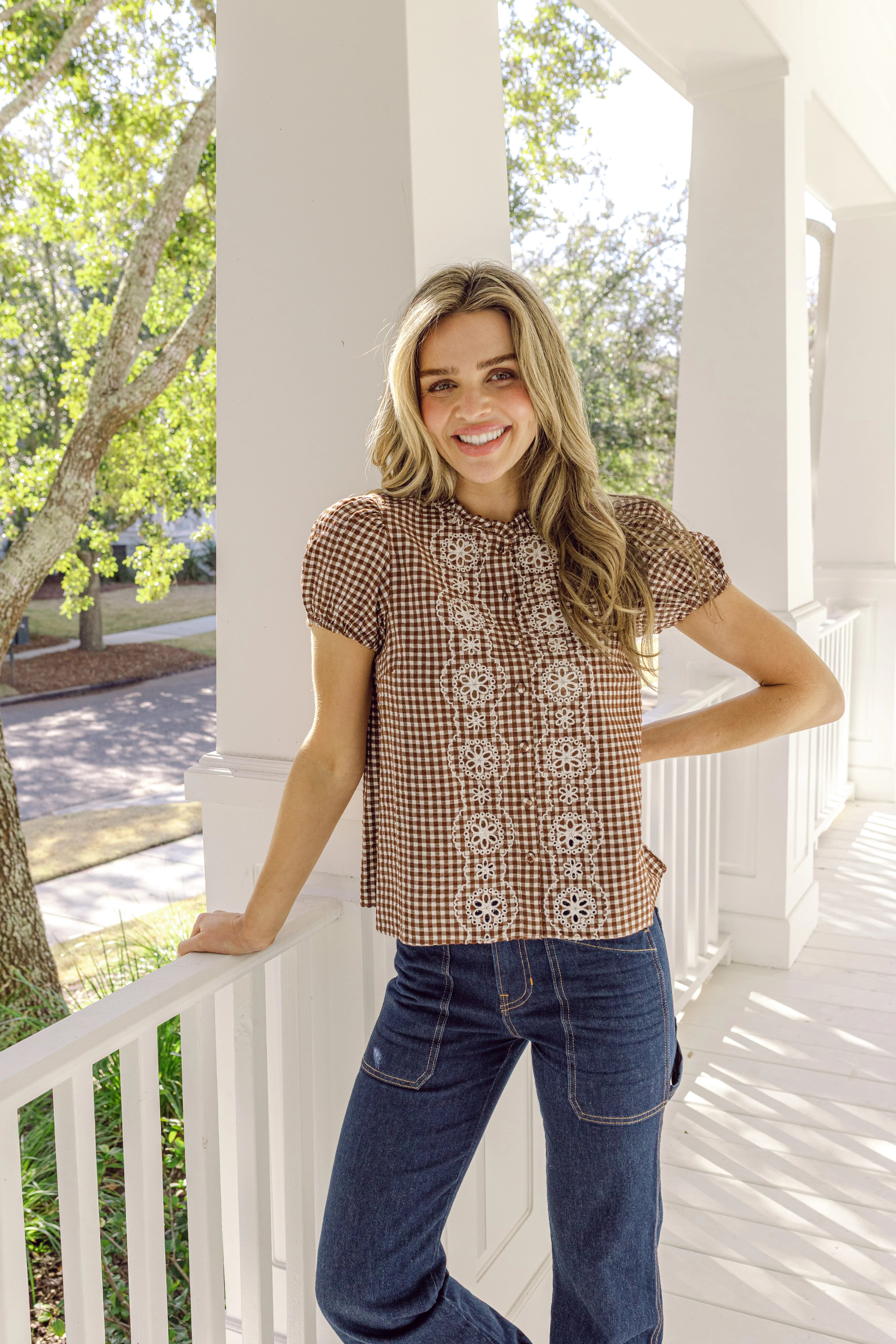 Brown & White Gingham Embroidered Puff Sleeve Top | Sail to Sable