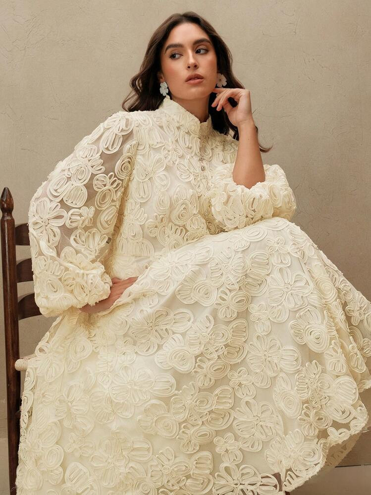 Anewsta Plus Size Elegant Romantic 3D Ditsy Floral A-Line Long Sleeve Dress For Women, Spring/Summer | SHEIN
