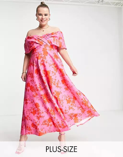 True Violet Plus off the shoulder prom midi dress in pink and red floral | ASOS (Global)