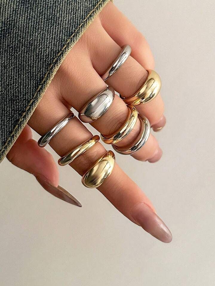 5pcs/Set Retro Simple Glossy Design Gold & Silver Tone Plain Band Rings, Suitable For Girls' Ever... | SHEIN