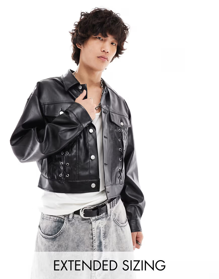 ASOS DESIGN oversized cropped leather look jacket with lace up details in black | ASOS (Global)
