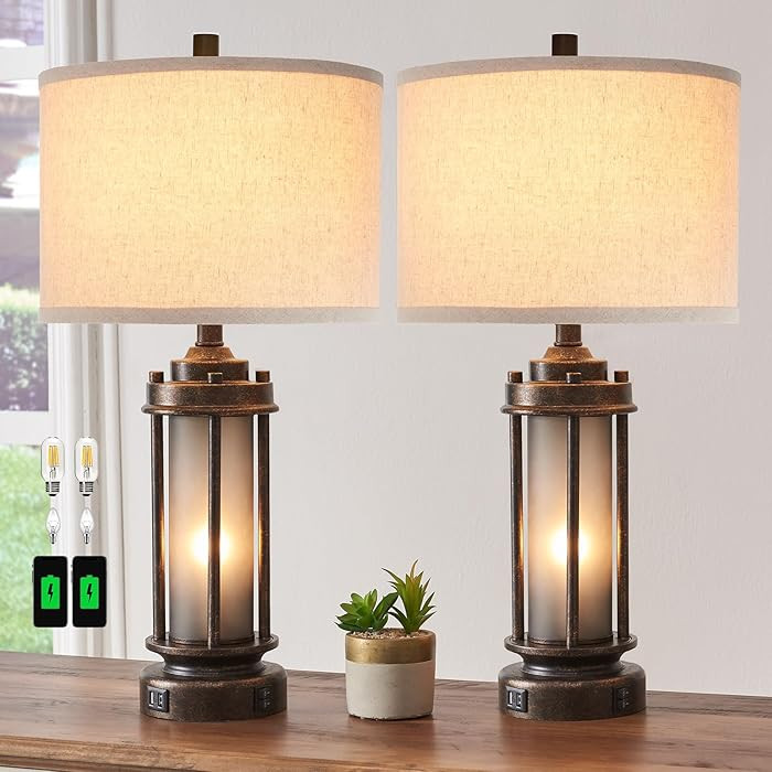 Set of 2 Farmhouse Lamps for Living Room, Rustic Vintage Bedroom Nightstand Table Lamp with 2 USB... | Amazon (US)