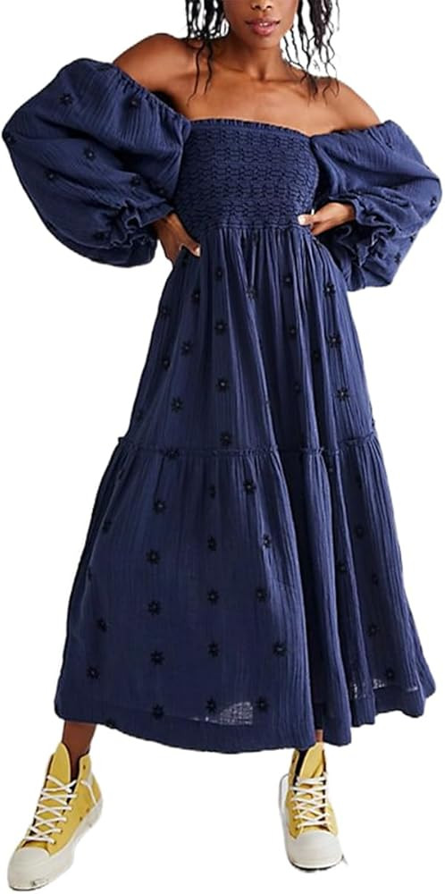 Women Bohemian Embroidered Floral Dress 2023 Casual Puff Long Sleeve Maxi Dresses Boho Flowy Ruff... | Amazon (US)