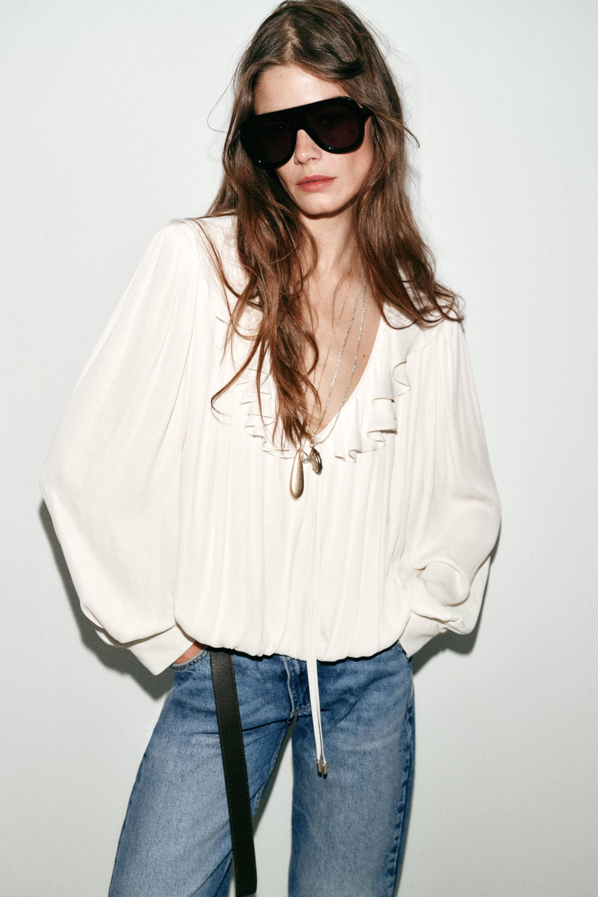 SATIN EFFECT BLOUSE WITH RUFFLES AND SHOULDER PADS | Zara US