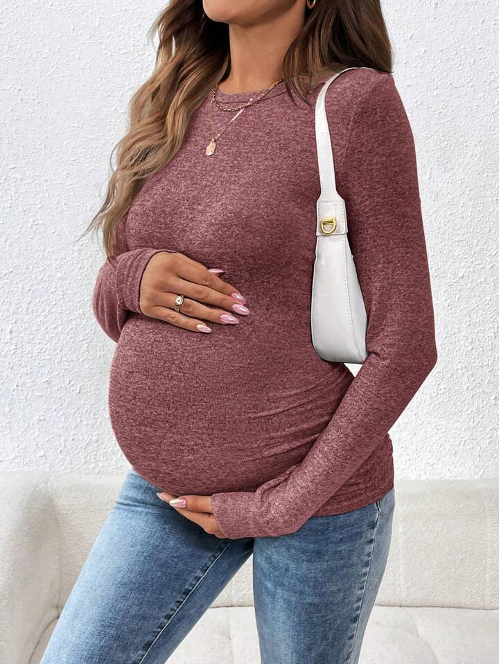 SHEIN Maternity Solid Color Round Neck Long Sleeve Slim Fit T-Shirt, Autumn | SHEIN