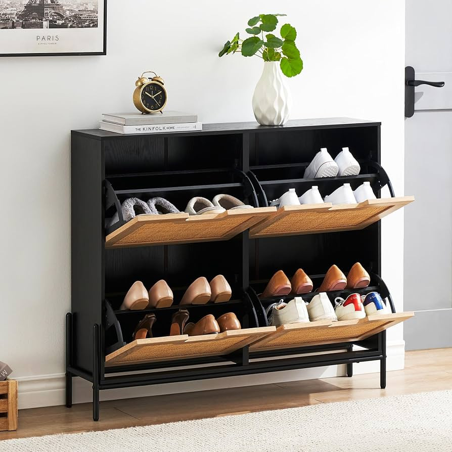 IDEALHOUSE Natural Rattan 4 Flip Door Shoe Cabinet Organizer Freestanding, Modern Shoe Rack Stora... | Amazon (US)