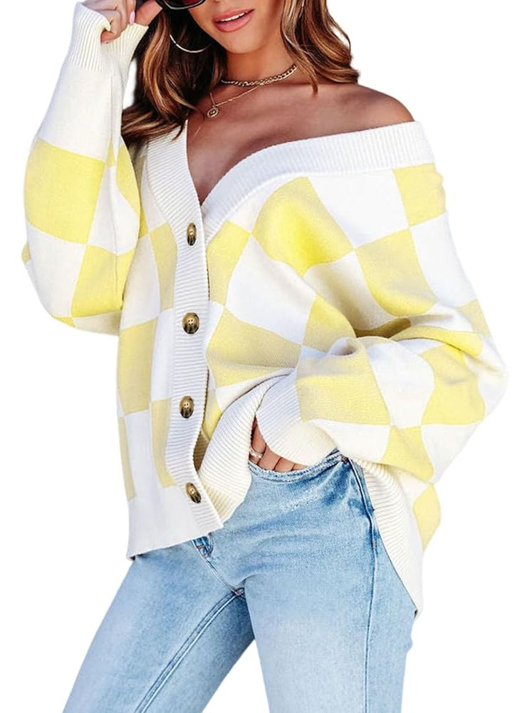 Dokotoo Womens Plaid V Neck Button Down Long Sleeve Cable Knit Oversized Cardigan Sweaters Tops | Amazon (US)