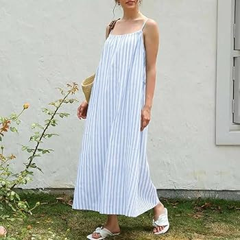 ZOCAVIA Women's Summer Flowy Cotton Linen Striped Camisole Dress Plus Size Loose Sleeveless Spagh... | Amazon (US)