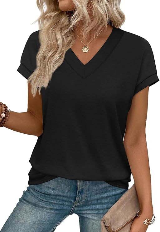 Womens T Shirts V Neck Cap Sleeve Summer Tops Basic Women Blouses Beach Vacation Spring Clothes | Amazon (US)