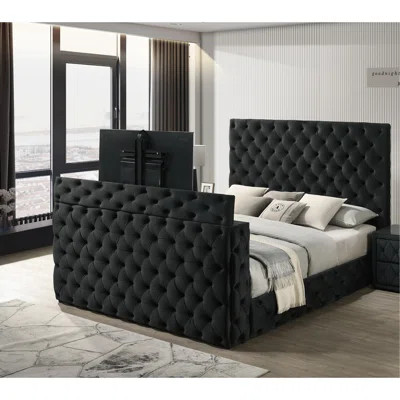 1Pc Luxurious King Size Bed Deeply Tufted Headboard Nail Head Trim Upholstered Black Velvet Footboard Integrated Television Lift Mechanism Storage Fur | Wayfair North America