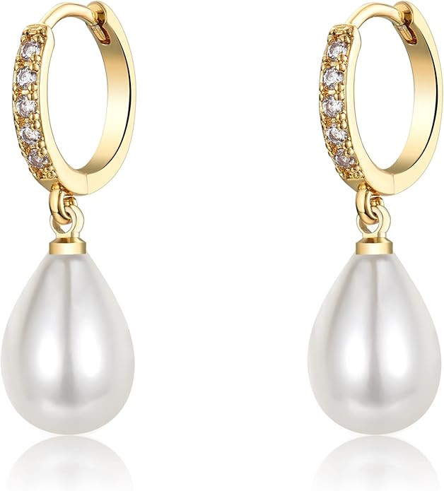EPIRORA Sterling Silver Simulated Shell Pearl Hoop Earrings Cubic Zirconia Dangle Drop Earrings J... | Amazon (US)
