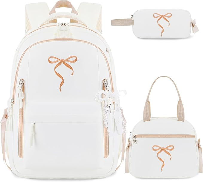 Kids Backpack for Girls - 3PCS Cute Embroidered Bow Girls Backpack with Insulated Lunch Bag & Pen... | Amazon (US)