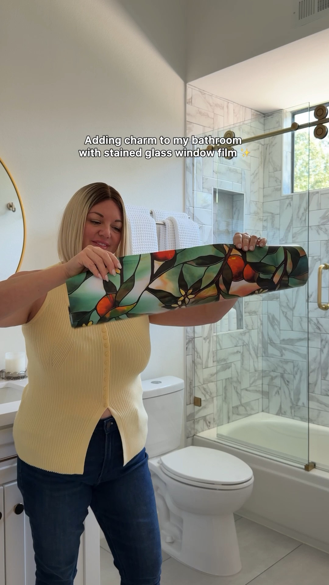 #ad Easy bathroom upgrade ✨ I added the Valencia stained glass window film from @artscape_design_studio to my guest bathroom shower windows and I’m obsessed with how much charm, privacy, and natural light it adds to the space. Such a pretty budget-friendly home decor DIY. 

#artscapewindowfilm

#LTKHome #LTKstorytime #LTKdayinmylife