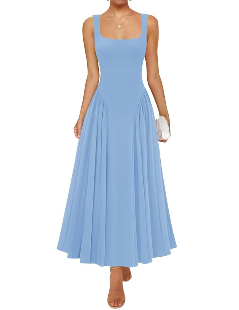 ZESICA Womens 2025 Summer Sleeveless Square Neck Sundress Casual Long Flowy A Line Knit Dress Bea... | Amazon (US)