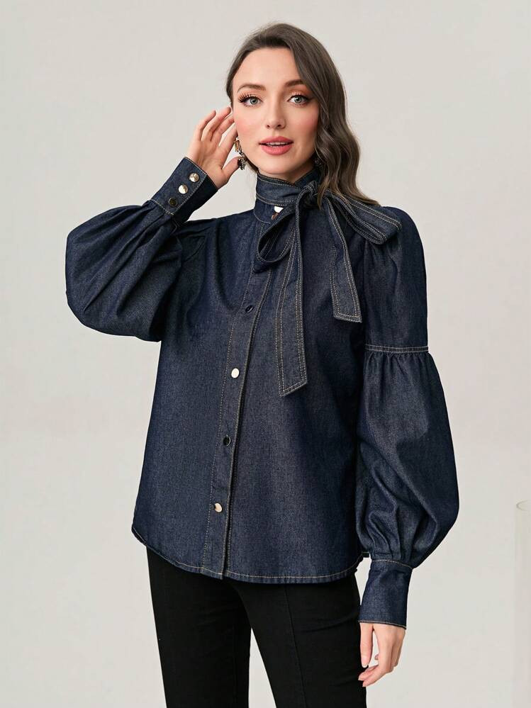 SHEIN Mulvari Tie Neck Lantern Sleeve Denim Shirt | SHEIN