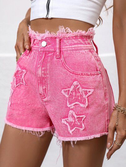 High Waist Star Shape Patched Frayed Trim Denim Shorts | SHEIN