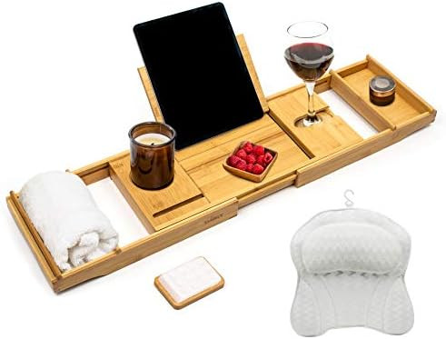 Smirly Bamboo Bathtub Tray Expandable: Bamboo Bath Tray for Tub with Book Stand, Bamboo Bathtub C... | Amazon (US)