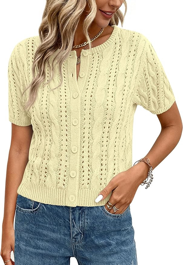 MASCOMODA Women Summer Cable Knit Crochet Cardigan Sweaters Casual Button Short Sleeve Sweater Cu... | Amazon (US)