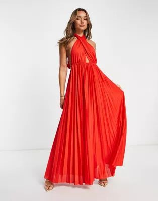ASOS DESIGN halter pleated maxi dress in red | ASOS (Global)