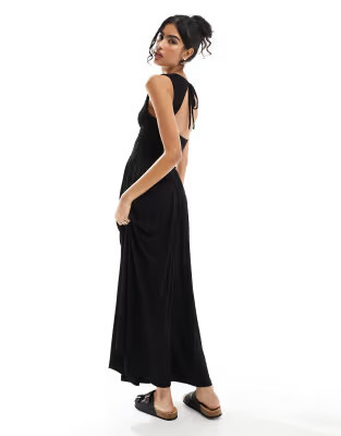 ASOS DESIGN crinkle shirred bodice maxi dress with open back in black | ASOS (Global)
