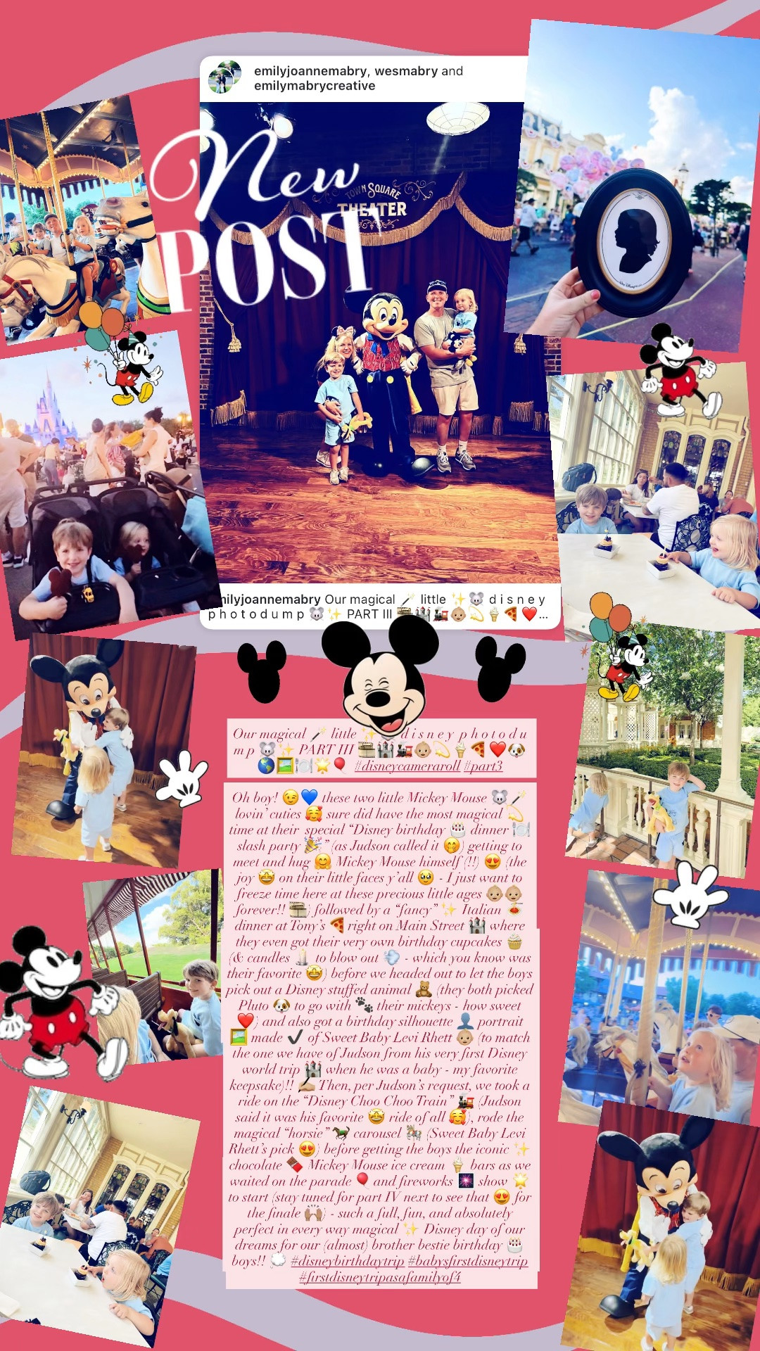 Our magical 🪄 little ✨🐭 d i s n e y  p h o t o d u m p 🐭✨ PART III 🎞️🏰🚂👶🏼💫🍦🍕❤️🐶🌎🖼️🍽️🌟🎈 #disneycameraroll #part3 

Oh boy! 😉💙 these two little Mickey Mouse 🐭🪄 lovin’ cuties 🥰 sure did have the most magical 💫 time at their  special “Disney birthday 🎂 dinner 🍽️ slash party 🎉” (as Judson called it 🤭) getting to meet and hug 🤗 Mickey Mouse himself (!!) 😍 (the joy 🤩 on their little faces y’all 🥹 - I just want to freeze time here at these precious little ages 👶🏼👶🏼 forever!! 🎞️) followed by a “fancy” ✨ Italian 🍝 dinner at Tony’s 🍕right on Main Street 🏰 where they even got their very own birthday cupcakes 🧁 (& candles 🕯️ to blow out 💨 - which you know was their favorite 🤩) before we headed out to let the boys pick out a Disney stuffed animal 🧸 (they both picked Pluto 🐶 to go with 🐾 their mickeys - how sweet ❤️) and also got a birthday silhouette 👤 portrait 🖼️ made ✔️ of Sweet Baby Levi Rhett 👶🏼 (to match the one we have of Judson from his very first Disney world trip 🏰 when he was a baby - my favorite keepsake)!! ✍🏼 Then, per Judson’s request, we took a ride on the “Disney Choo Choo Train” 🚂 (Judson said it was his favorite 🤩 ride of all 🥰), rode the magical “horsie” 🐎 carousel 🎠 (Sweet Baby Levi Rhett’s pick 😍) before getting the boys the iconic ✨ chocolate 🍫 Mickey Mouse ice cream 🍦 bars as we waited on the parade 🎈and fireworks 🎆 show 🌟to start (stay tuned for part IV next to see that 😍 for the finale 🙌🏽) - such a full, fun, and absolutely perfect in every way magical ✨ Disney day of our dreams for our (almost) brother bestie birthday 🎂 boys!! 💭 #disneybirthdaytrip #babysfirstdisneytrip #firstdisneytripasafamilyof4