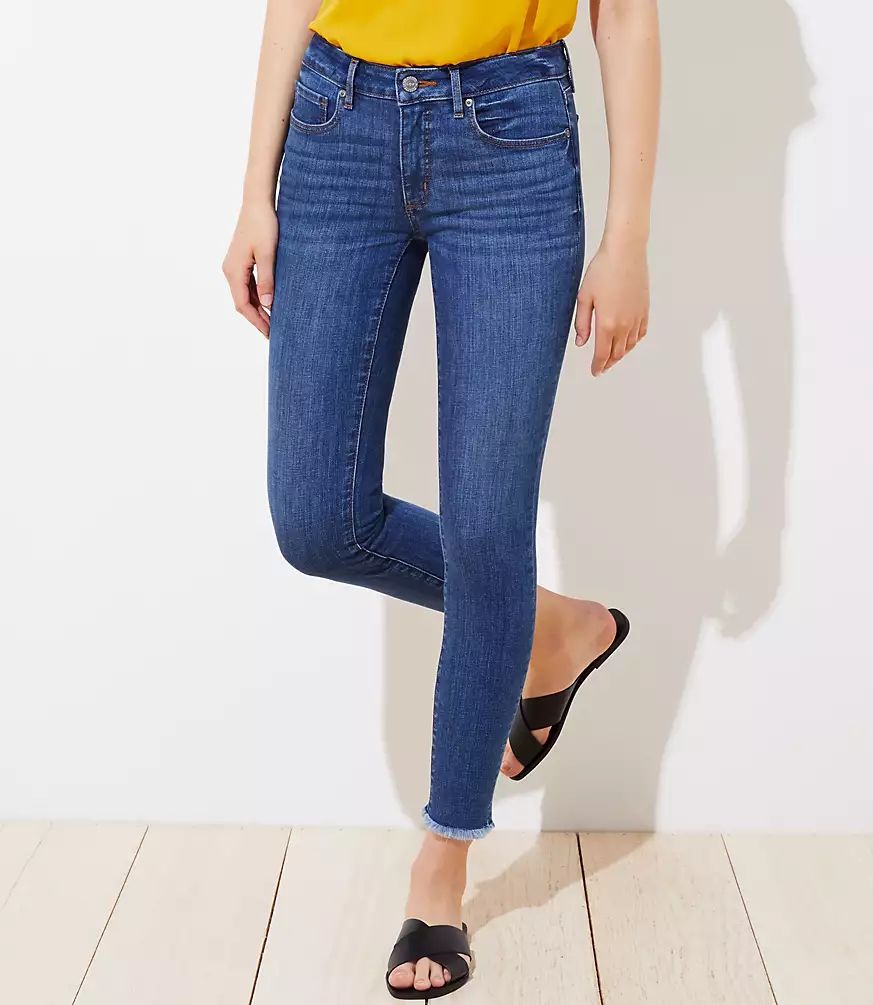 Frayed Skinny Jeans in Vivid Mid Indigo Wash | LOFT