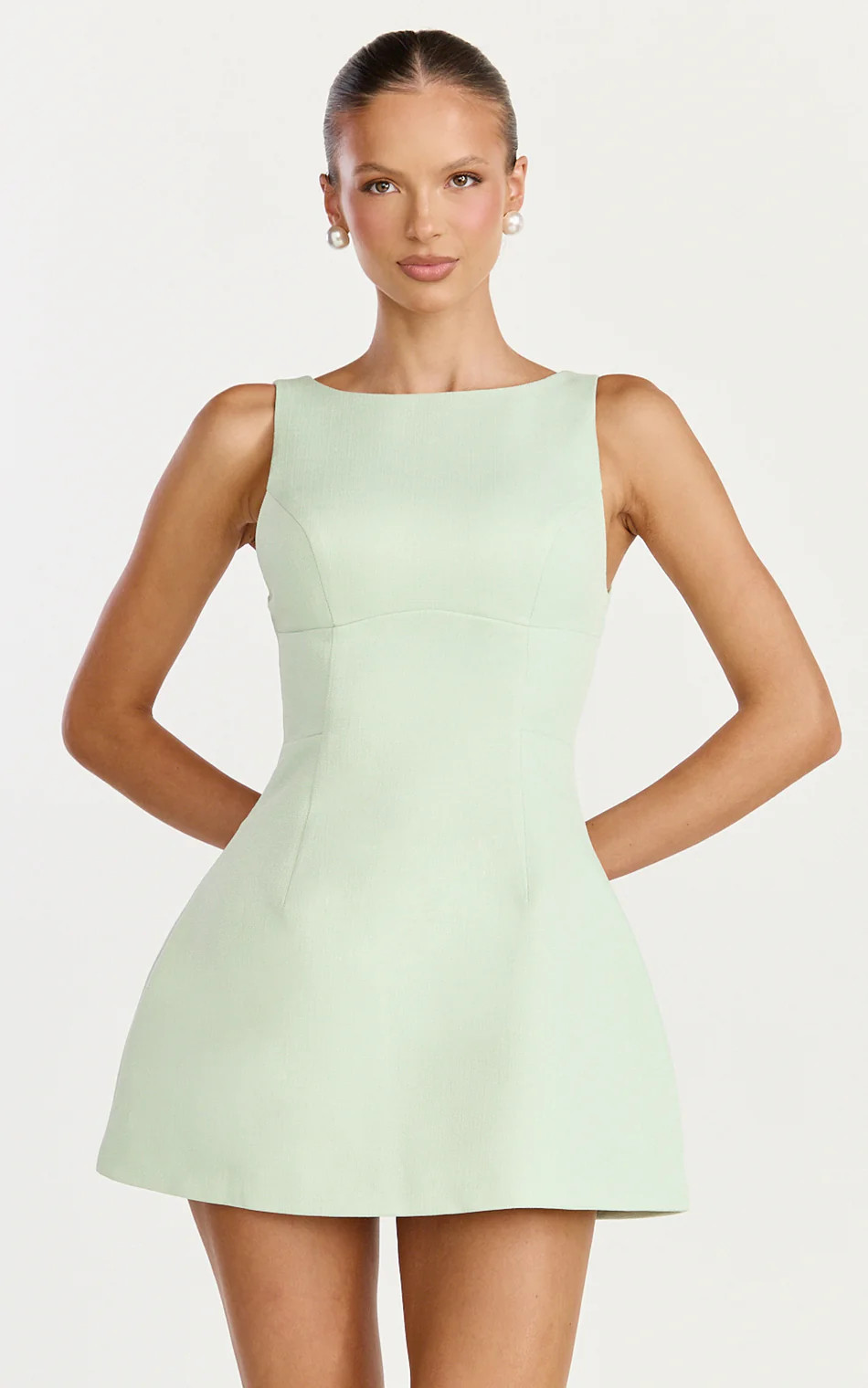 Boucle Boat Neck V Back Fit and Flare Dress in Pistachio | Showpo (US, UK & Europe)