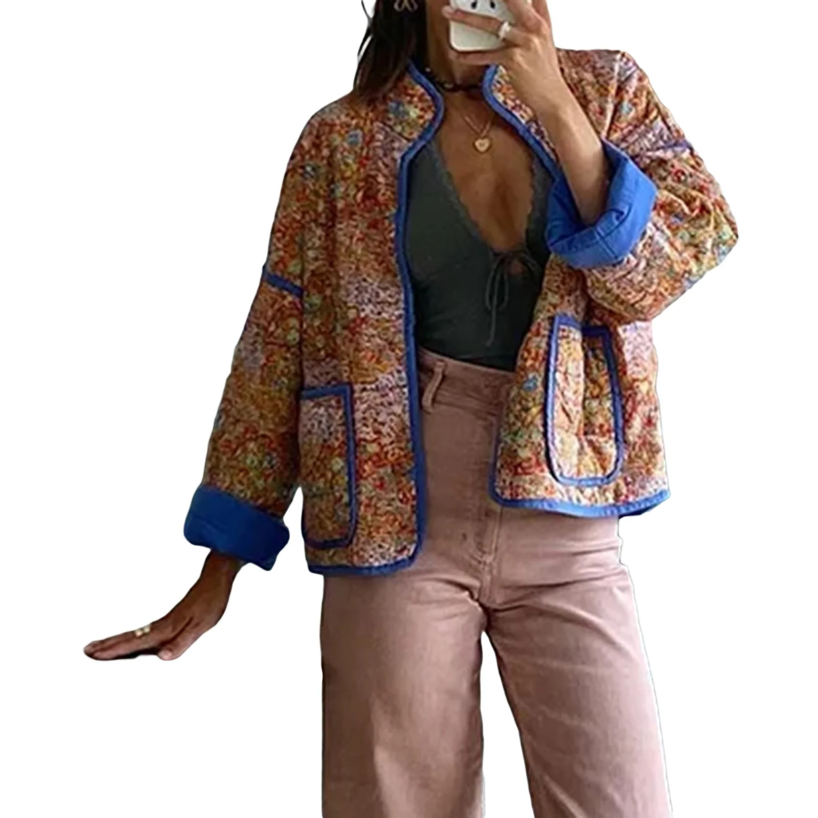 Women Floral Cropped Quilted Jacket Cardigan Lightweight Boho Print Patchwork Padded Puffer Coat ... | Walmart (US)