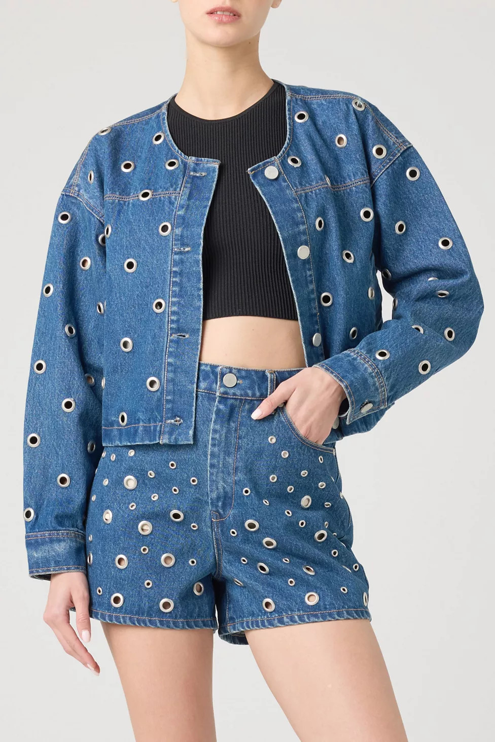 BLANKNYC Silver Dreams Grommet Cutout Cropped Denim Jacket | Urban Outfitters (US and RoW)
