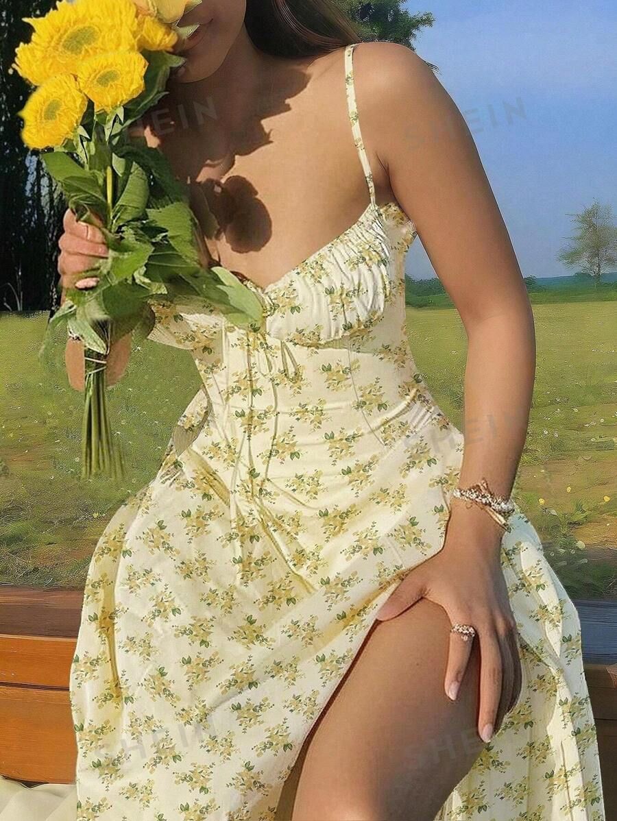 SHEIN MOD Floral Print High Slit Spaghetti Strap Summer Dress | SHEIN