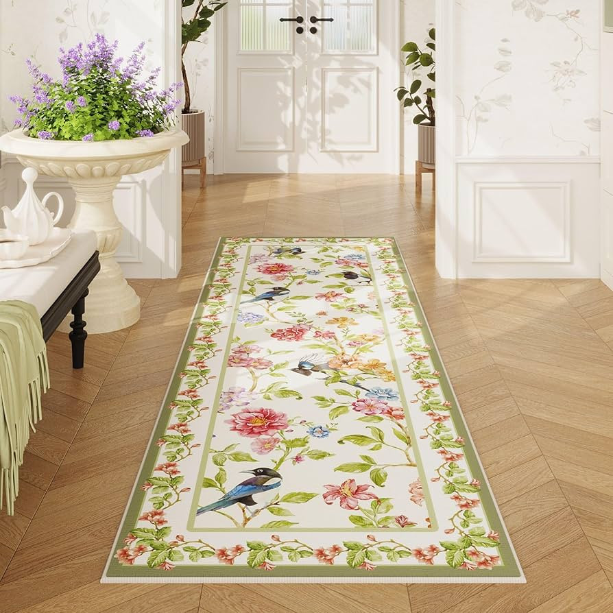 Runner Rug for Kitchen 2'6"x8' Washable Rugs with Rubber Backing Soft Floral Bird Magpies Floral ... | Amazon (US)