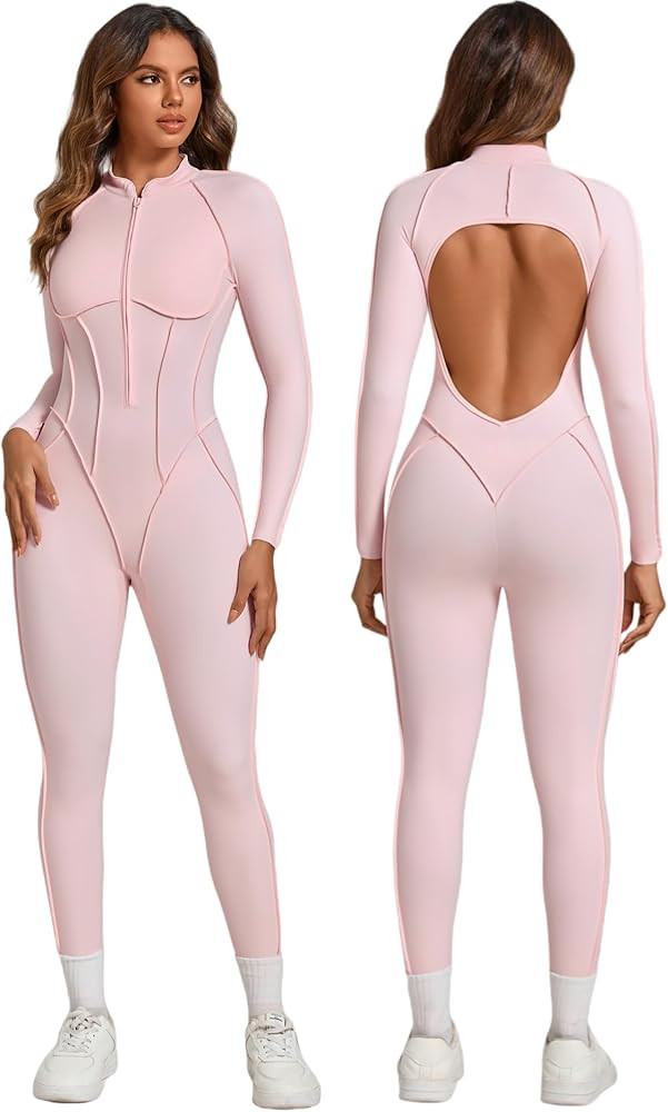 ABOCIW Womens Zipper Long Long Sleeve Workout Jumpsuit Contouring Seams Backless Bodysuit Yoga Ro... | Amazon (US)