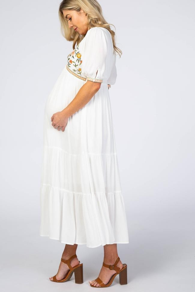Ivory Floral Embroidered Maternity Midi Dress | PinkBlush Maternity