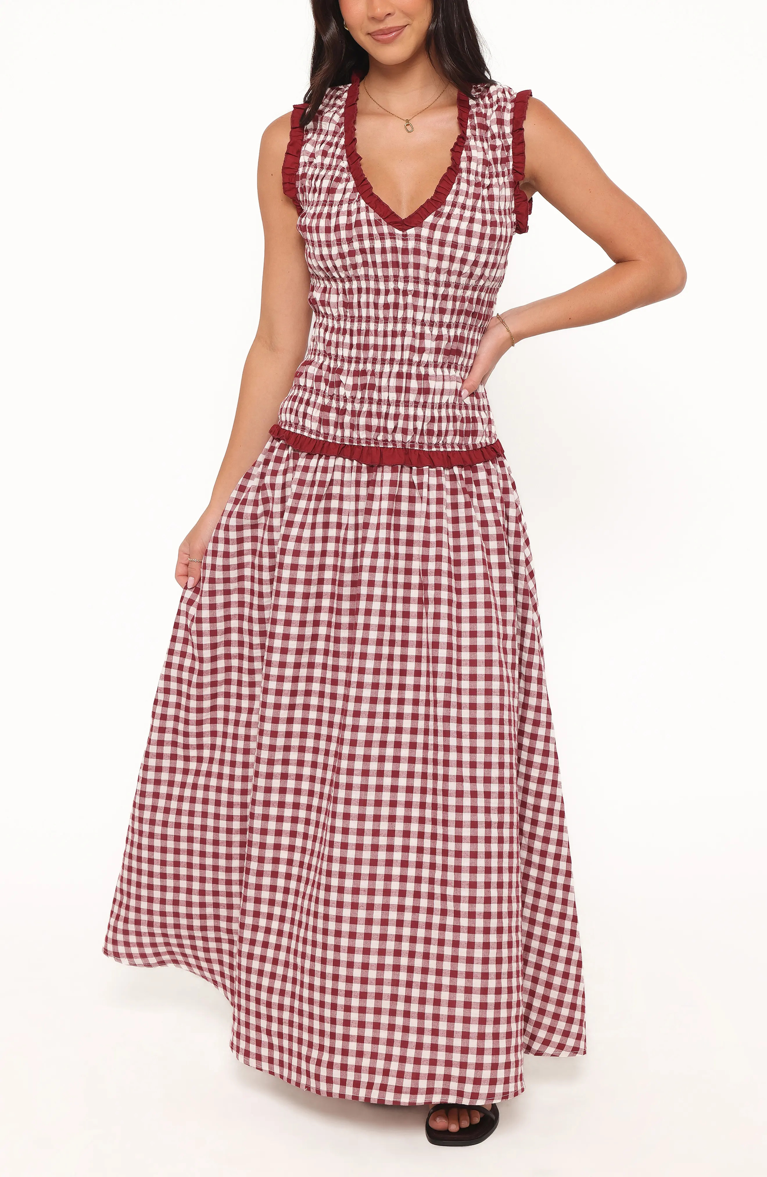 Petal & Pup Leabrook Maxi Dress in Burgundy Gingham at Nordstrom, Size Small | Nordstrom