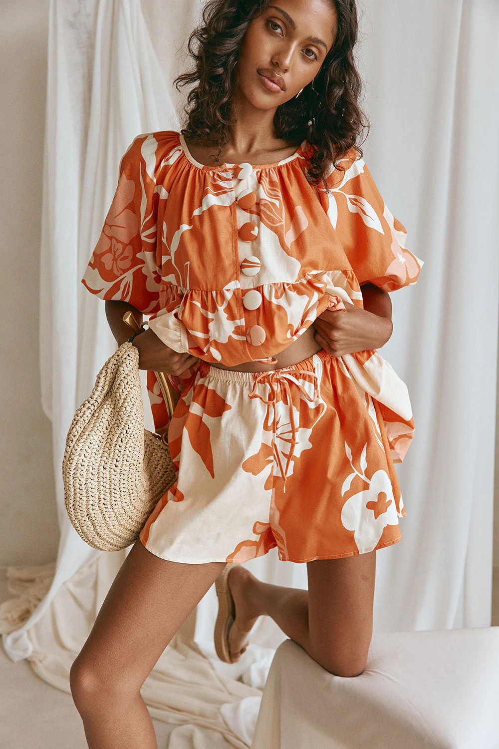 Orange Sunset Botanica Floral Print Drawstring Toria Shorts | Sabo Skirt US