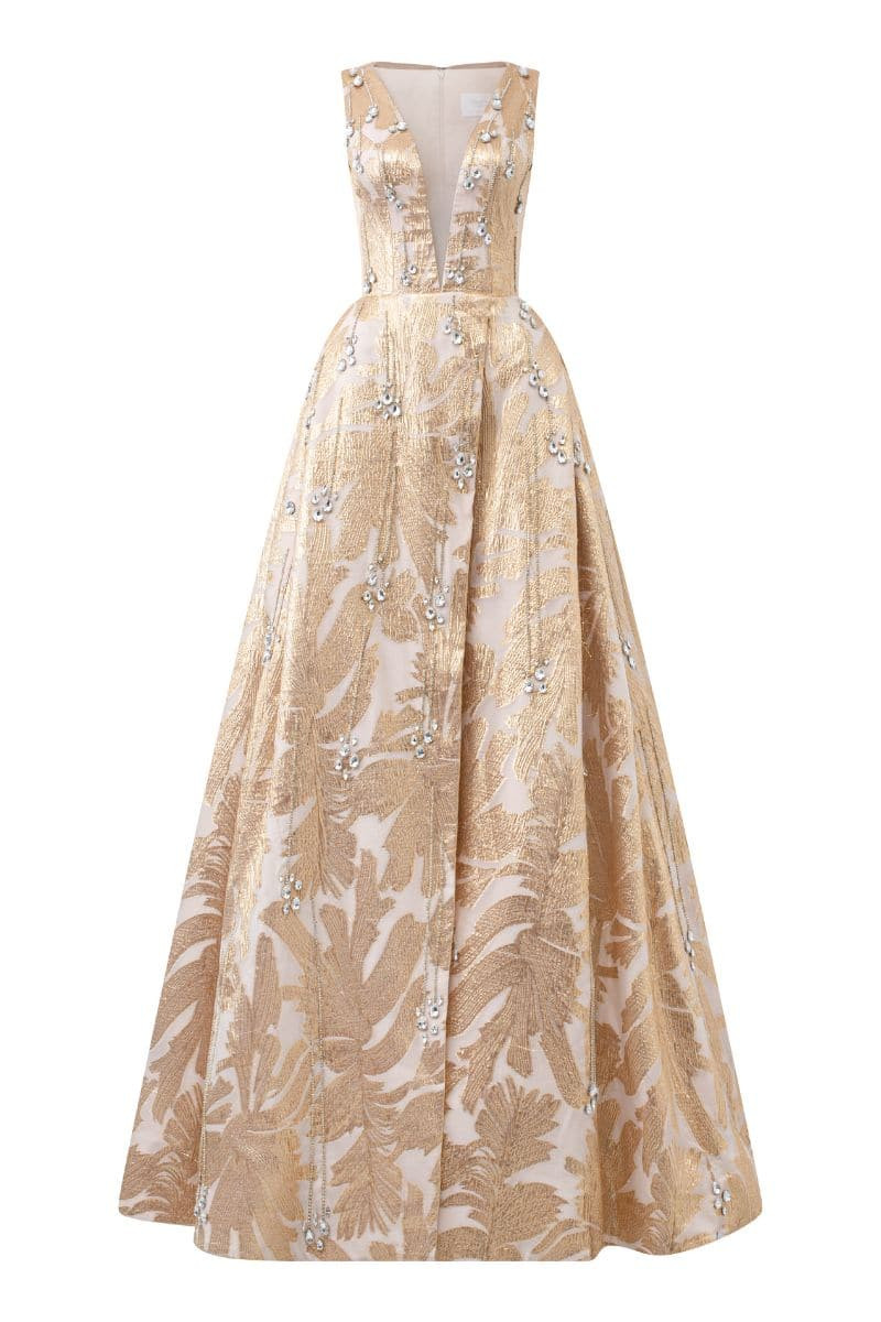 GOLDEN SLEEVELESS DEEP V-NECK GOWN | Tracy Studio | CULT MIA | CULT MIA UK LTD