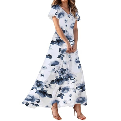 Spring Dresses for Women 2025,Flowy,Women Dresses, Chiffon Chiffon Dress Maxi Dresses for Women Ruffle Short Sleeve,Womens Dresses Formal, Floral Print Spring Summer Casual Royal Blue Xs | Amazon (US)